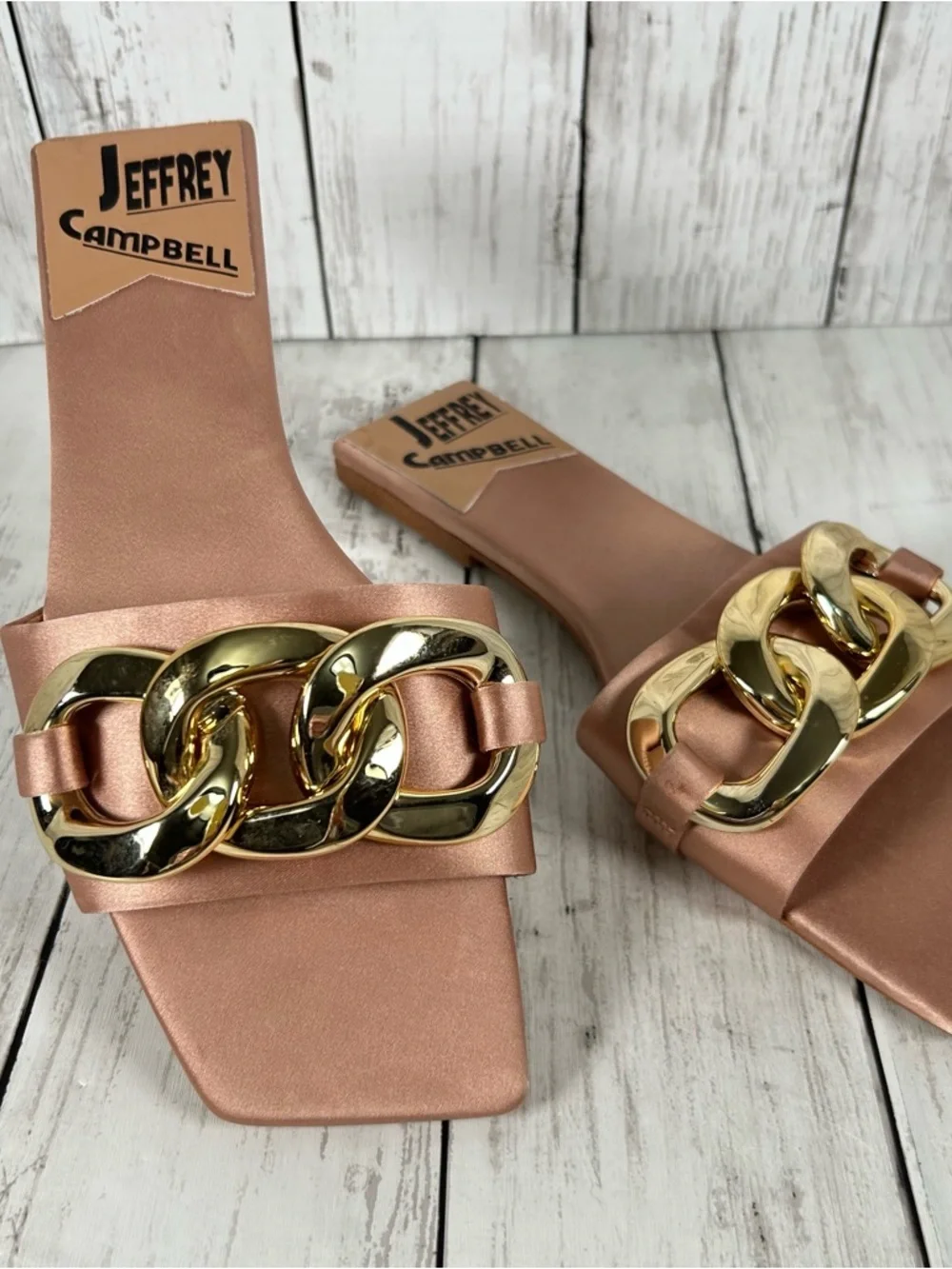 Jeffrey Campbell Park Chain Slide Flat Evening Sandals in Rose Gold Satin Size 8